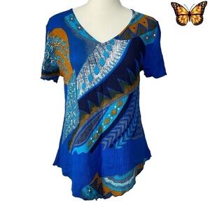 Kazual Z Asymmetrical Hem Abstract Print Rayon Short Sleeve Top Size Sma…